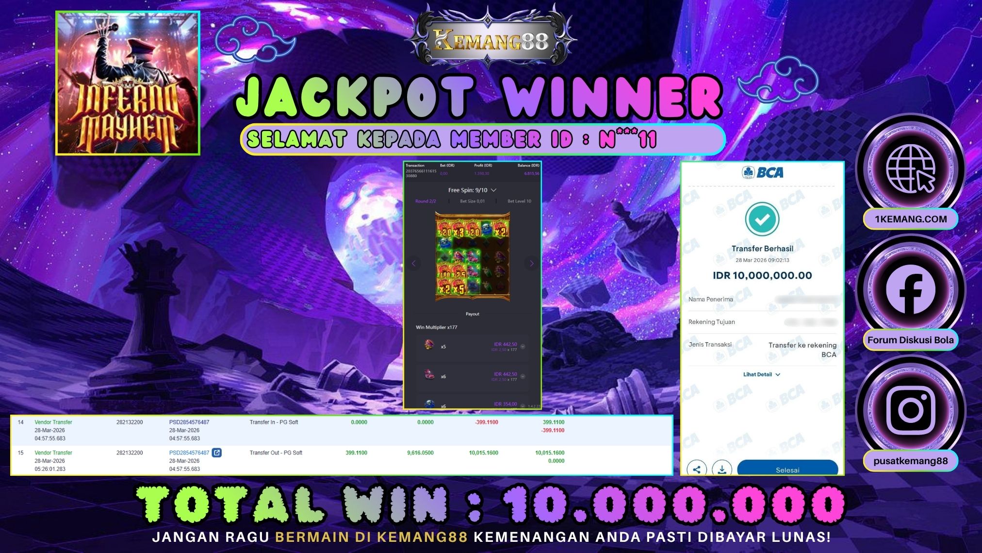 KEMANG88 [28 Maret 2026] : JACKPOT SLOT : INFERNO MAYHEM [PG] Rp. 10.000.000.,- LUNAS